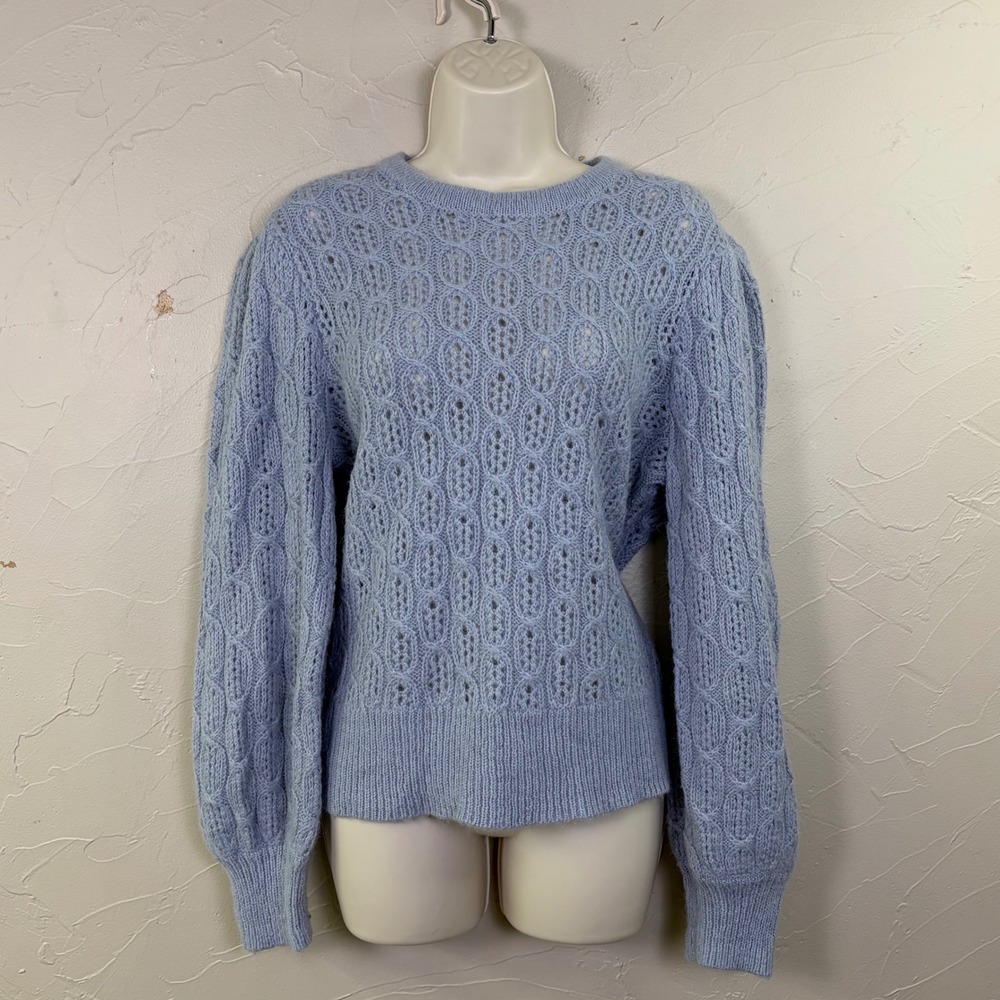 J Crew Pointelle Knit Sweater Women Large Blue Alpaca Wool Puff Sleeve Coquette